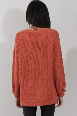 Rebellious Fashion Rust Knit Lace Up Long Line Jumper - Cassie