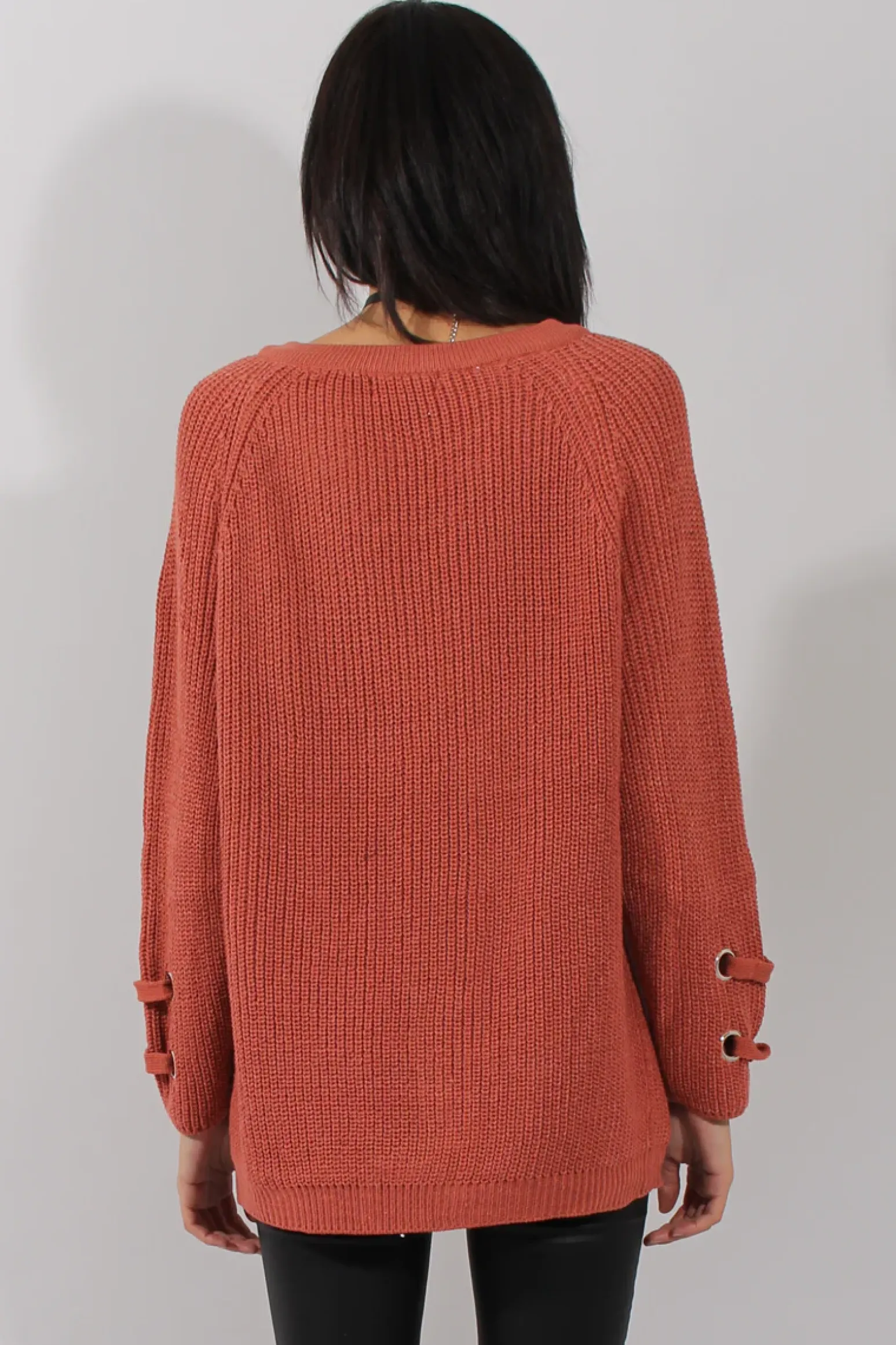 Rebellious Fashion Rust Knit Lace Up Long Line Jumper - Cassie