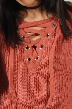 Rebellious Fashion Rust Knit Lace Up Long Line Jumper - Cassie