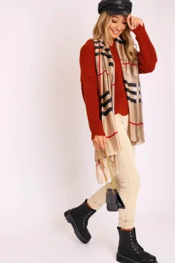 Rebellious Fashion Rust Knitted Scallop Edge Plunge Neckline Jumper - Lylia