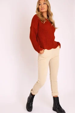 Rebellious Fashion Rust Knitted Scallop Edge Plunge Neckline Jumper - Lylia