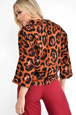 Rebellious Fashion Rust Leopard Print Tie Waist Blouse - Kimaya