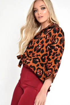 Rebellious Fashion Rust Leopard Print Tie Waist Blouse - Kimaya