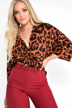 Rebellious Fashion Rust Leopard Print Tie Waist Blouse - Kimaya