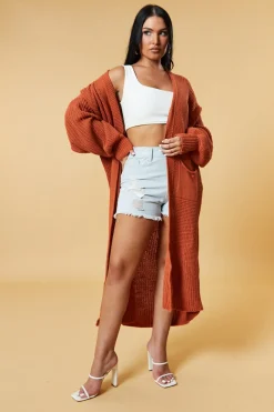 Rebellious Fashion Rust Longline Knit Maxi Cardigan - Ema