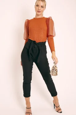 Rebellious Fashion Rust Metallic Puff Sleeve High Neck Top - Blaike