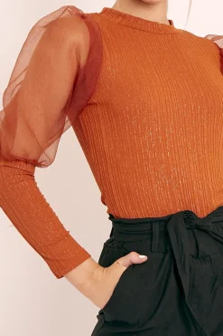 Rebellious Fashion Rust Metallic Puff Sleeve High Neck Top - Blaike