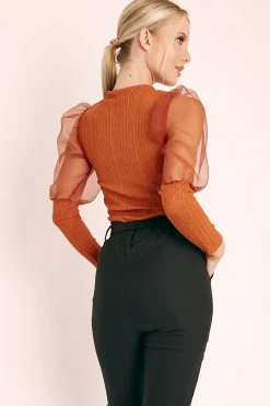 Rebellious Fashion Rust Metallic Puff Sleeve High Neck Top - Blaike