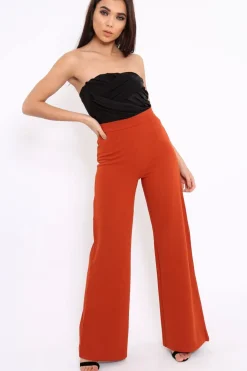 Rebellious Fashion Rust Orange High Waist Flare Trousers -Tisha