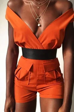 Rebellious Fashion Rust Plunge Woven Utility Pocket Playsuit - Megan