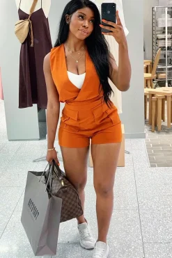Rebellious Fashion Rust Plunge Woven Utility Pocket Playsuit - Megan