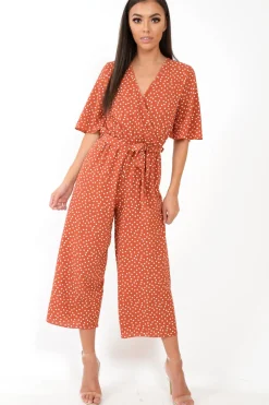 Rebellious Fashion Rust Polka Dot Wrap Culotte Jumpsuit -Juni