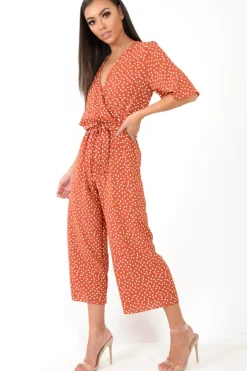Rebellious Fashion Rust Polka Dot Wrap Culotte Jumpsuit -Juni