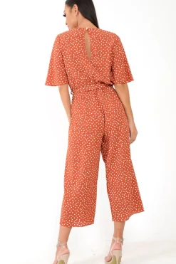 Rebellious Fashion Rust Polka Dot Wrap Culotte Jumpsuit -Juni