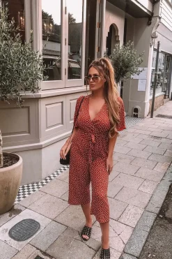 Rebellious Fashion Rust Polka Dot Wrap Culotte Jumpsuit -Juni