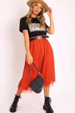 Rebellious Fashion Rust Polka Tulle Pleated Midi Skirt - Soniya