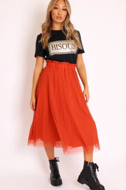 Rebellious Fashion Rust Polka Tulle Pleated Midi Skirt - Soniya