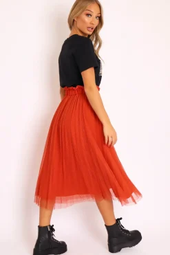 Rebellious Fashion Rust Polka Tulle Pleated Midi Skirt - Soniya