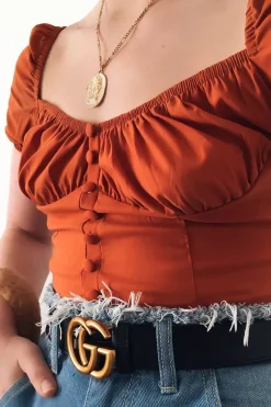 Rebellious Fashion Rust Puff Sleeve Button Front Crop Top - Belicia