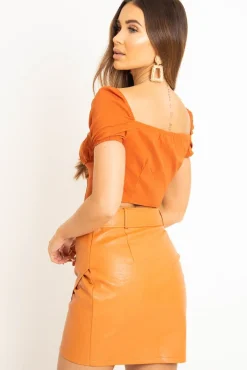Rebellious Fashion Rust Puff Sleeve Button Front Crop Top - Belicia