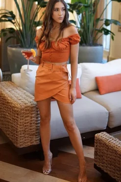 Rebellious Fashion Rust Puff Sleeve Button Front Crop Top - Belicia