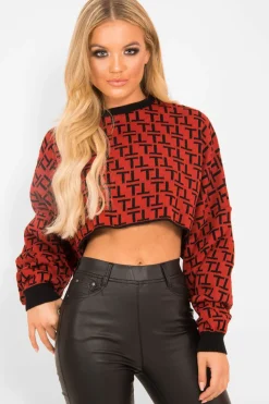 Rebellious Fashion Rust Repeat Print Crop Jumper - Ryhanna