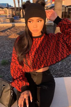 Rebellious Fashion Rust Repeat Print Crop Jumper - Ryhanna