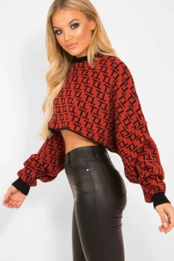 Rebellious Fashion Rust Repeat Print Crop Jumper - Ryhanna