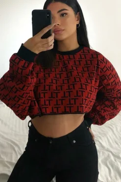 Rebellious Fashion Rust Repeat Print Crop Jumper - Ryhanna
