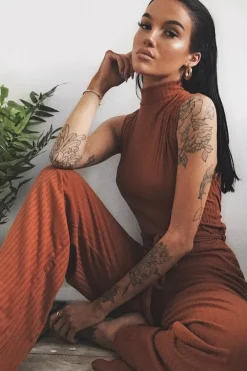 Rebellious Fashion Rust Ribbed High Neck Wide Leg Belted Jumpsuit - Rayden