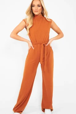 Rebellious Fashion Rust Ribbed High Neck Wide Leg Belted Jumpsuit - Rayden