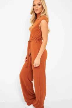 Rebellious Fashion Rust Ribbed High Neck Wide Leg Belted Jumpsuit - Rayden
