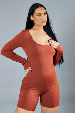 Rebellious Fashion Rust Rib Knit Scoop Neck Unitard - Roohi