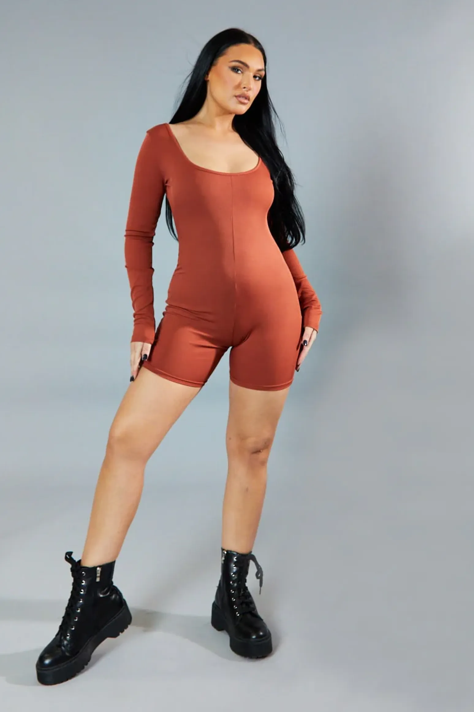 Rebellious Fashion Rust Rib Knit Scoop Neck Unitard - Roohi