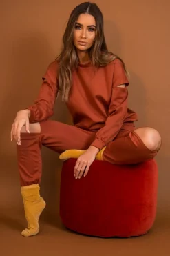 Rebellious Fashion Rust Ripped Knee Cut Out Loungewear Set - Demmi