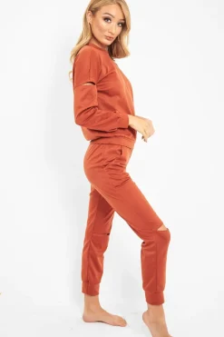Rebellious Fashion Rust Ripped Knee Cut Out Loungewear Set - Demmi