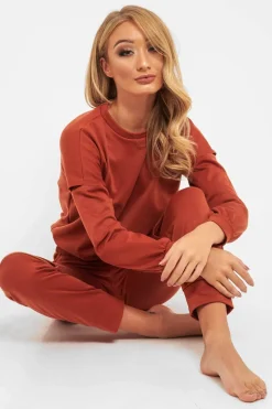 Rebellious Fashion Rust Ripped Knee Cut Out Loungewear Set - Demmi