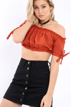 Rebellious Fashion Rust Ruched Bardot Gypsy Crop Top - Janette
