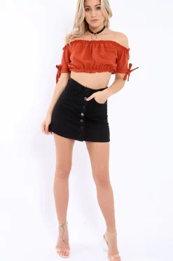 Rebellious Fashion Rust Ruched Bardot Gypsy Crop Top - Janette