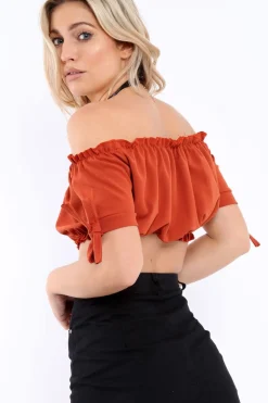 Rebellious Fashion Rust Ruched Bardot Gypsy Crop Top - Janette