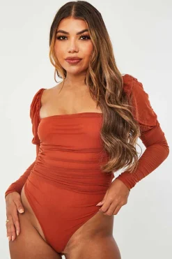 Rebellious Fashion Rust Ruched Body Mesh Sleeve Bodysuit - Raeya