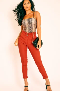 Rebellious Fashion Rust Ruched Waist Tapered Leg Trousers - Lovina