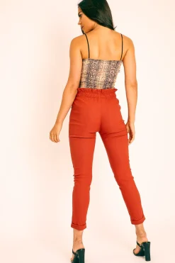 Rebellious Fashion Rust Ruched Waist Tapered Leg Trousers - Lovina