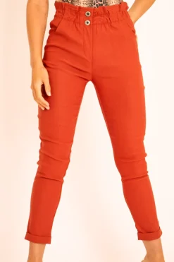 Rebellious Fashion Rust Ruched Waist Tapered Leg Trousers - Lovina