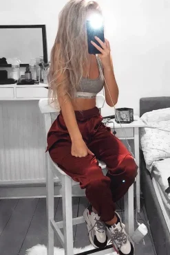 Rebellious Fashion Rust Satin Cargo Trousers - Khyla