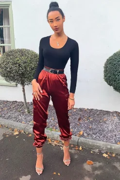 Rebellious Fashion Rust Satin Cargo Trousers - Khyla