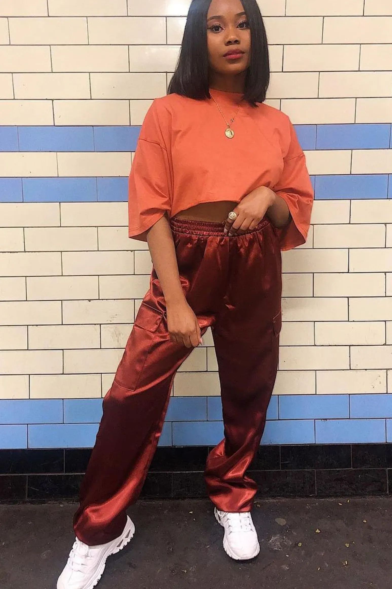 Rebellious Fashion Rust Satin Cargo Trousers - Khyla