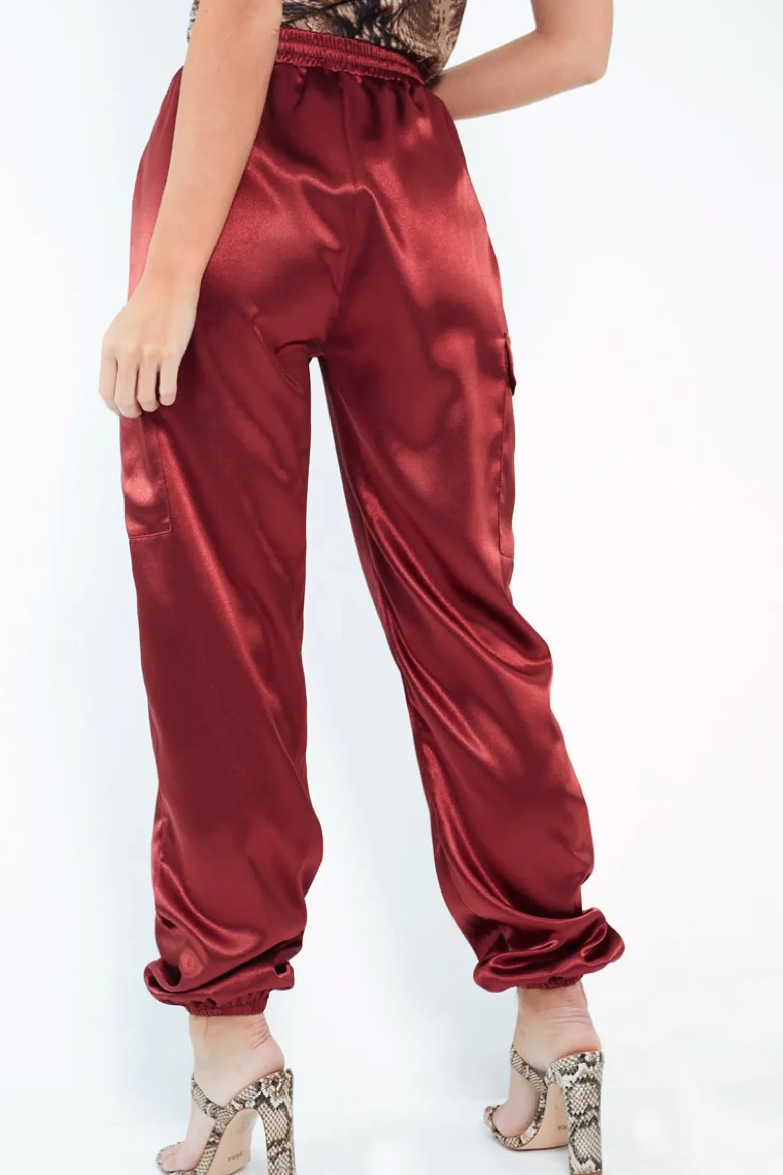 Rebellious Fashion Rust Satin Cargo Trousers - Khyla