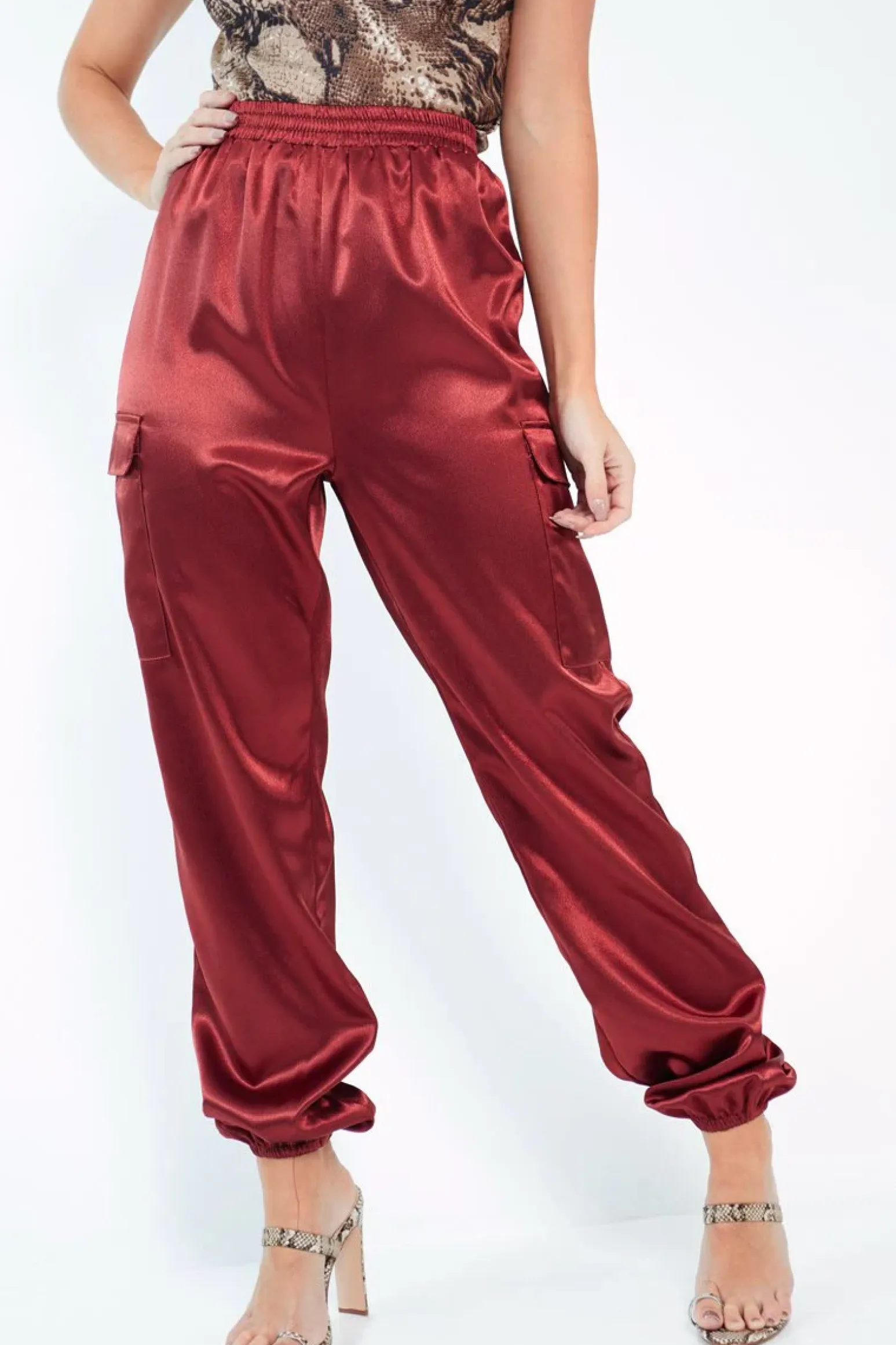Rebellious Fashion Rust Satin Cargo Trousers - Khyla