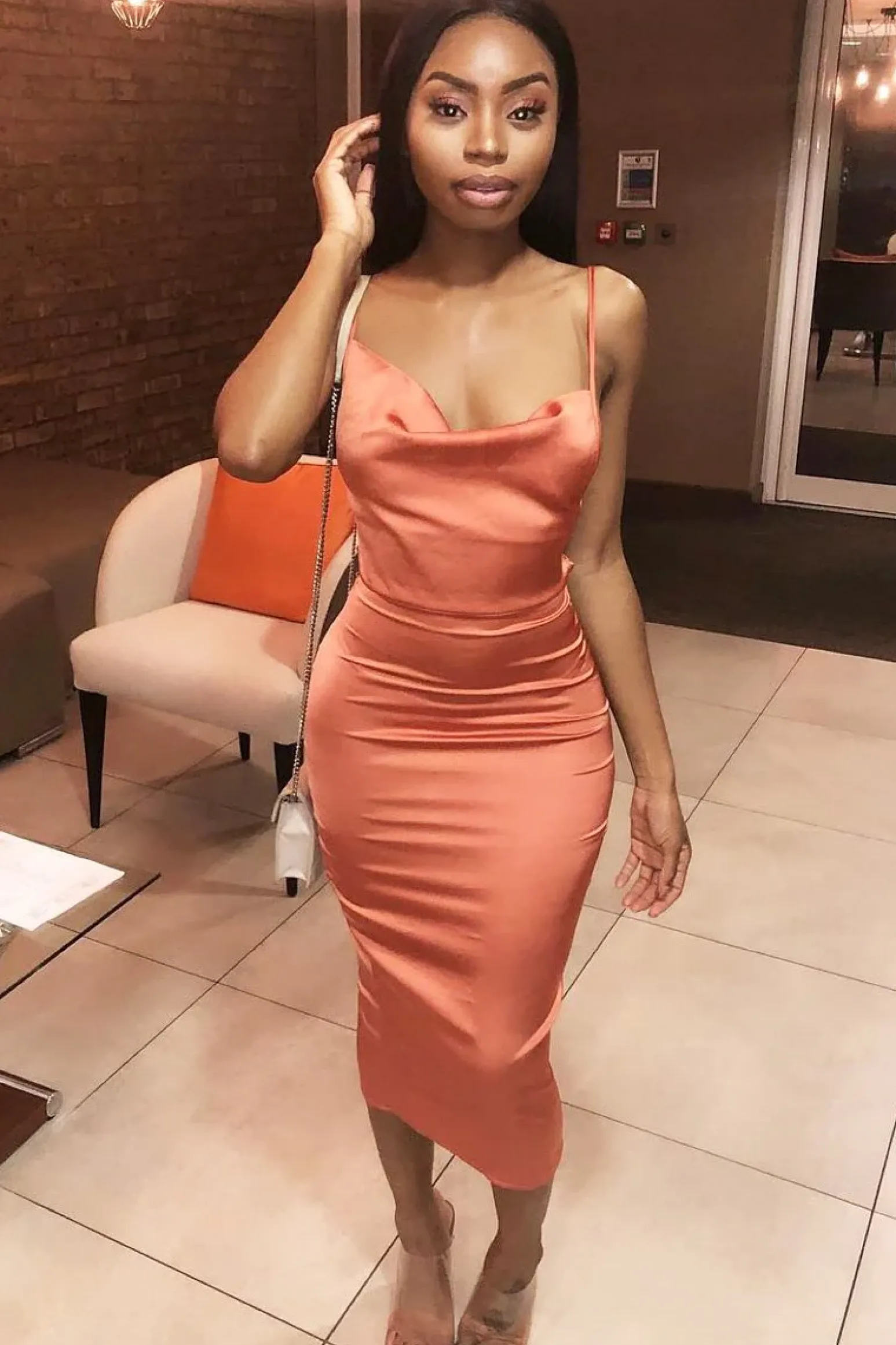 Rebellious Fashion Rust Satin Cowl Neck Midi Bodycon Dress - Liliana